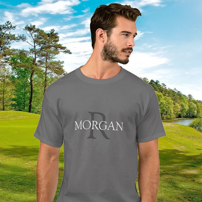 T-shirt Monogramme & Nom, Design Tendance Texte Gris Blanc (Créateur téléchargé)