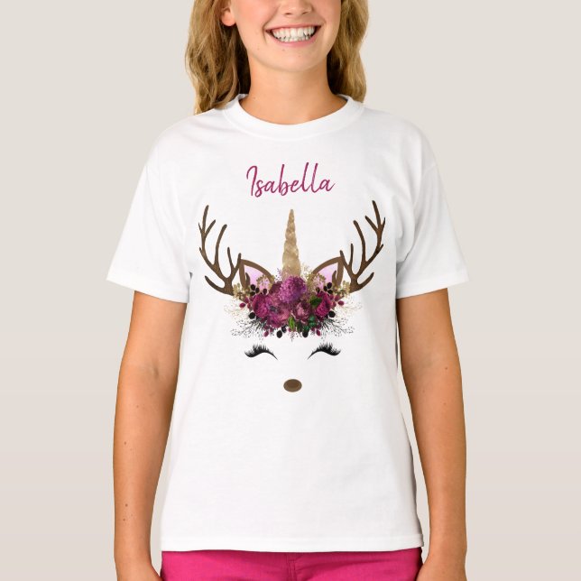 T-shirt Monogramme or rose foncé Noël Unicorn Reindeer (Devant)