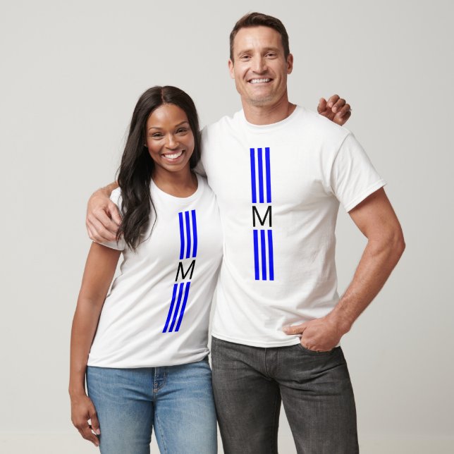 T-shirt Monogramme Rayures Bleues Modernes (Unisexe)