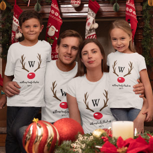 T-shirt Monogramme Reindeer Antler Rouge Nez Famille Noël