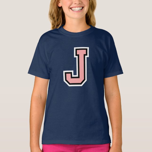 T-shirt Monogramme rose noir blanc collège initial J (Devant)
