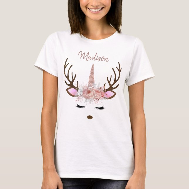 T-shirt Monogramme rose pâle Noël Unicorn Reindee (Devant)