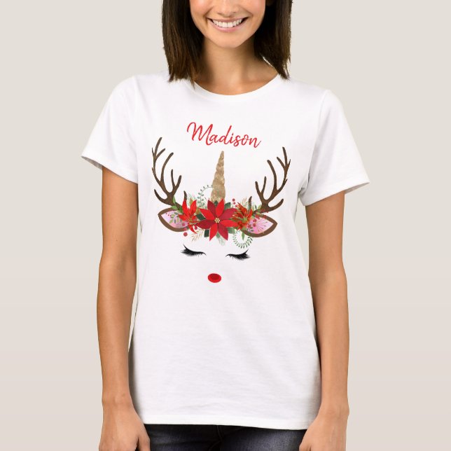 T-shirt Monogramme rouge et or Noël Unicorne Reindeer (Devant)