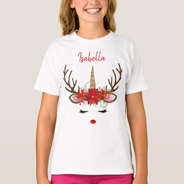 T-shirt Monogramme rouge et or Noël Unicorne Reindeer (Devant)