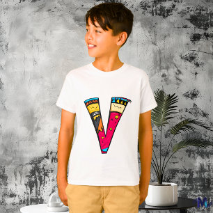 T-shirt Monogramme V tribal et doodle coloré et amusant