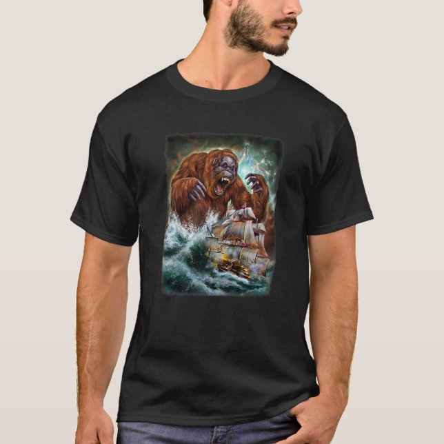 T-shirt Monster Orangutan Tandis Que Kraken Attaque Un Bat (Devant)