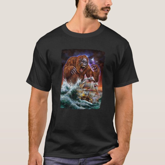 T-shirt Monster Orangutan Tandis Que Kraken Attaque Un Bat (Devant)