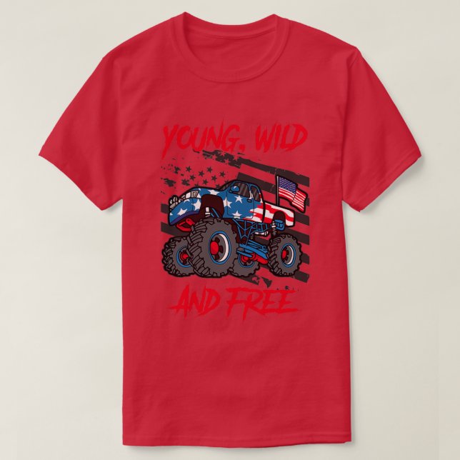 T-shirt Monster Truck Cadeau Young Wild Free Boys 4E Juil (Design devant)