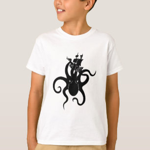 T-shirt Monstre de mer bleu et noir Kraken avec navire
