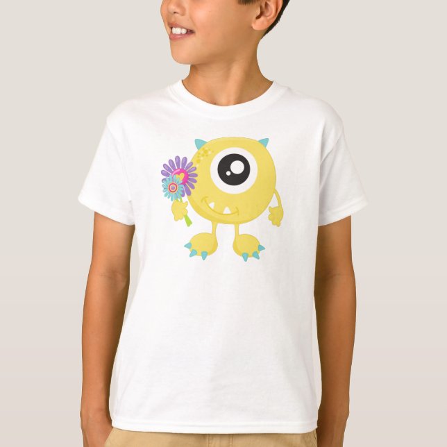 T-shirt Monstre de printemps, Monstre Jaune, Fleurs, Corne (Devant)