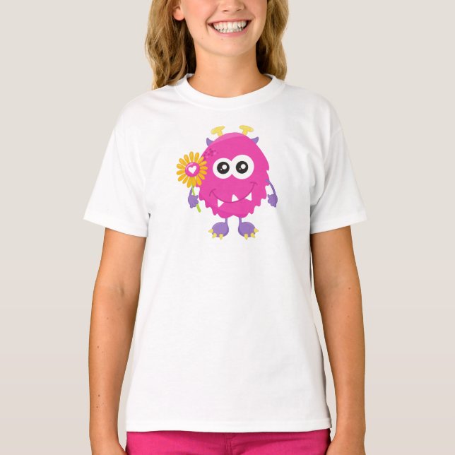 T-shirt Monstre de printemps, Monstre rose, Fleurs, Cornes (Devant)