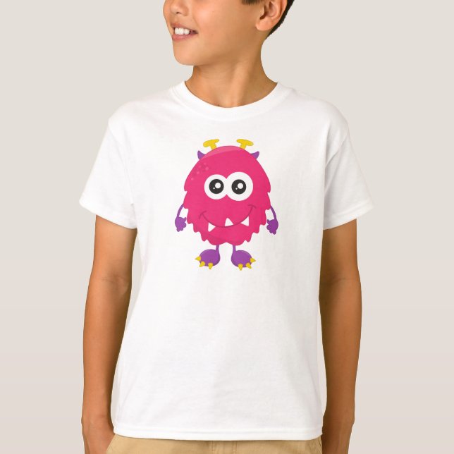 T-shirt Monstre mignon, Monstre Rose, Cornes, Monstre Drôl (Devant)