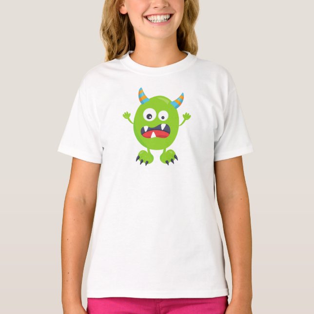 T-shirt Monstre mignon, Monstre vert, Monstre drôle, Corne (Devant)