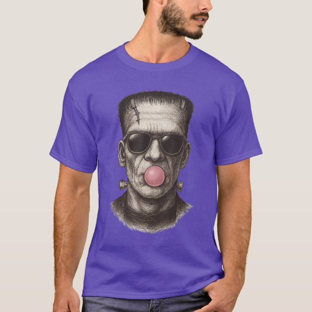 T-shirt Monstre rétro de Frankenstein soufflant un chewing (Devant)