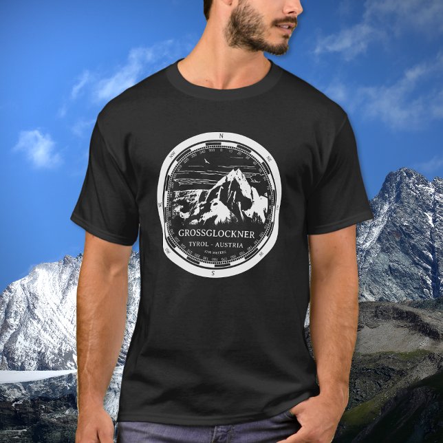 T-shirt Mont Grossglockner - Tirol Autriche Alpes (Mount Grossglockner T-Shirt in Back with a white compass and mountain illustration)