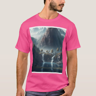 T-shirt Montagnes Avec Cascades Et Tress Mur Art Graphe