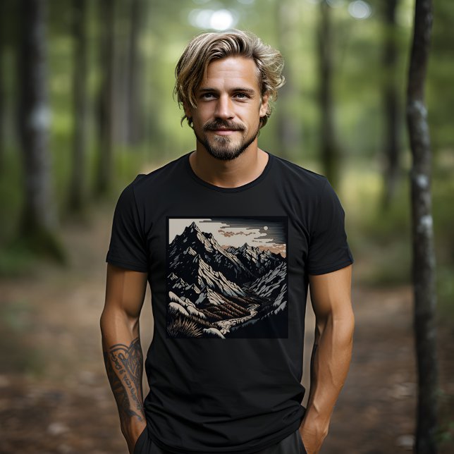 T-shirt Montagnes Nature Paysage Vintage voyage Linocut (A dark and bold mountain range on a black shirt, perfect for outdoorsmen.)
