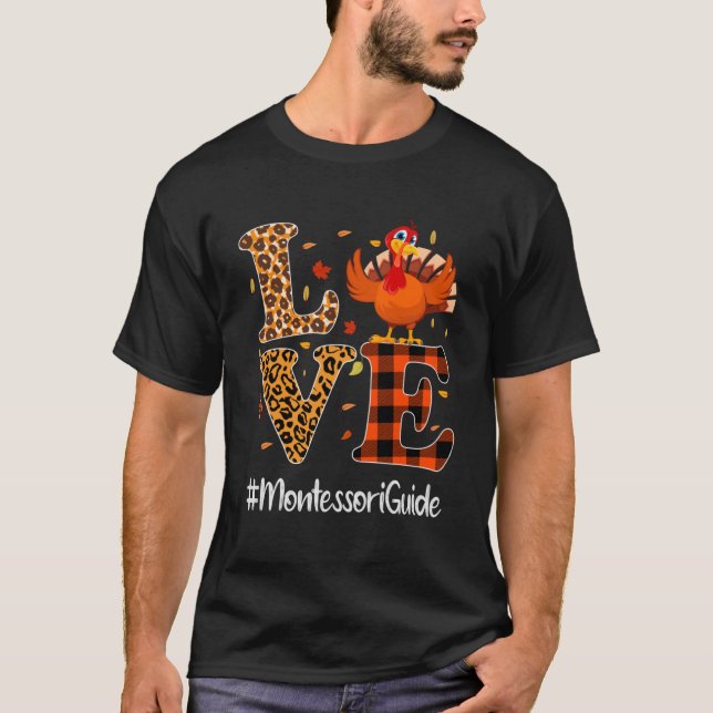 T-shirt Montessori Guide Amour Thanksgiving Leopard Turqui (Devant)