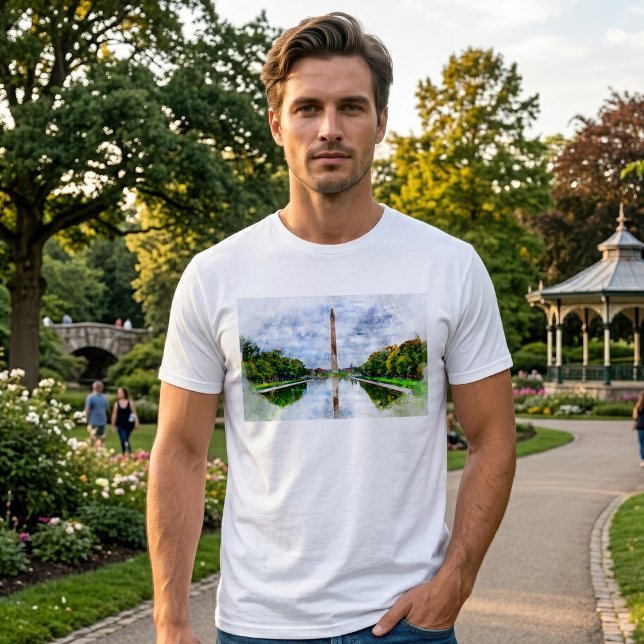 T-shirt Monument de Washington aquarelle avec reflet (Washington Monument Watercolor with Reflection. Men Basic White T-Shirt)