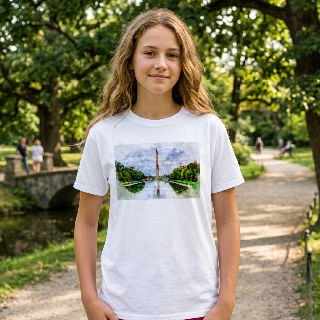 T-shirt Monument de Washington aquarelle avec reflet (Washington Monument Watercolor with Reflection. Girl Basic White T-Shirt)