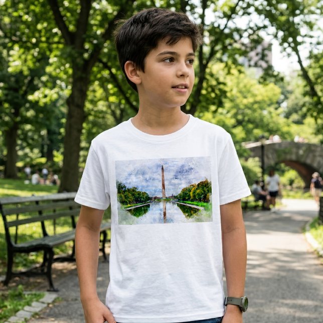 T-shirt Monument de Washington aquarelle avec reflet (Washington Monument Watercolor with Reflection. Boy Basic White T-Shirt)