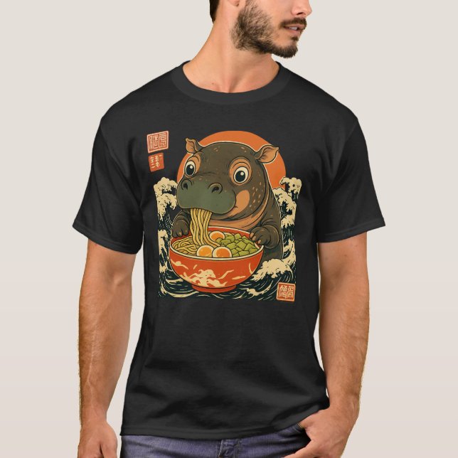 T-shirt Moo Deng hippo manger ramen pour le style japonais (Devant)
