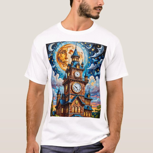 T-Shirt Moonlit Clocktower Mosaic Retro Magie (Devant)