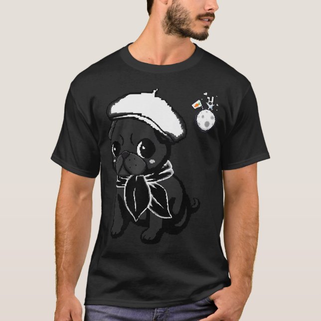 T-shirt Mops noir bébé Lune et Lapin Pixel Art (Devant)