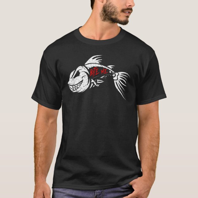 T-shirt Mords Moi Poisson Cool Squelette Pêche (Devant)
