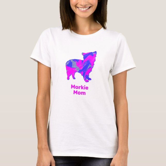 T-shirt Morkie Chien Silhouette rose chaud et bleu (Devant)