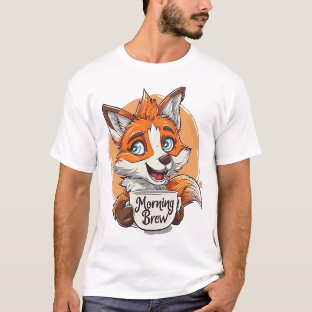 T-shirt Morning Brew" Renard Louveur de café Whimsical rév (Devant)