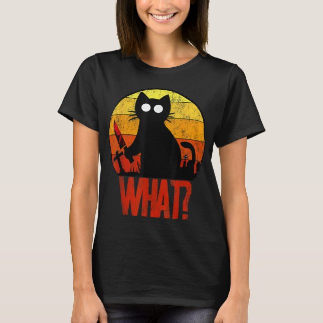 T-shirt Mortel Black Psycho Cute Chat What Knife Christe (Devant)