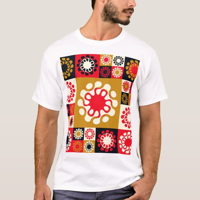 T-shirt Mosaïque Rouge Or Asiatique, Style Ethnique. (Devant)