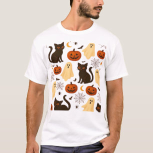 T-shirt Motif Classique de fantôme et chat noir Halloween 