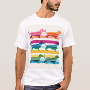 T-shirt Motif Coloré de Teckel à Rayures Rétro
