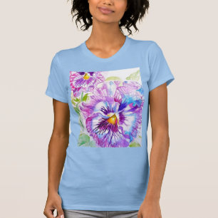 T-shirt Motif d'aquarelle Pansy sur panneaux bleu violet
