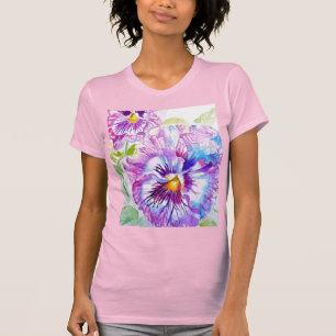 T-shirt Motif d'aquarelle Pansy sur panneaux bleu violet