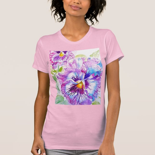 T-shirt Motif d'aquarelle Pansy sur panneaux bleu violet (Devant)