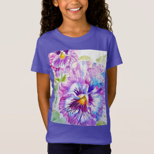 T-Shirt Motif d'aquarelle Pansy sur panneaux bleu violet
