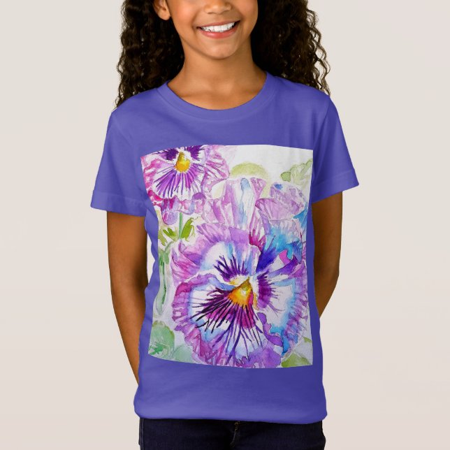 T-Shirt Motif d'aquarelle Pansy sur panneaux bleu violet (Devant)