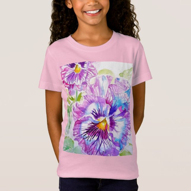 T-Shirt Motif d'aquarelle Pansy sur panneaux bleu violet (Devant)