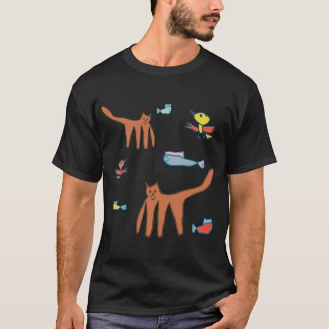 T-shirt Motif de chat et de poisson ludique (Devant)