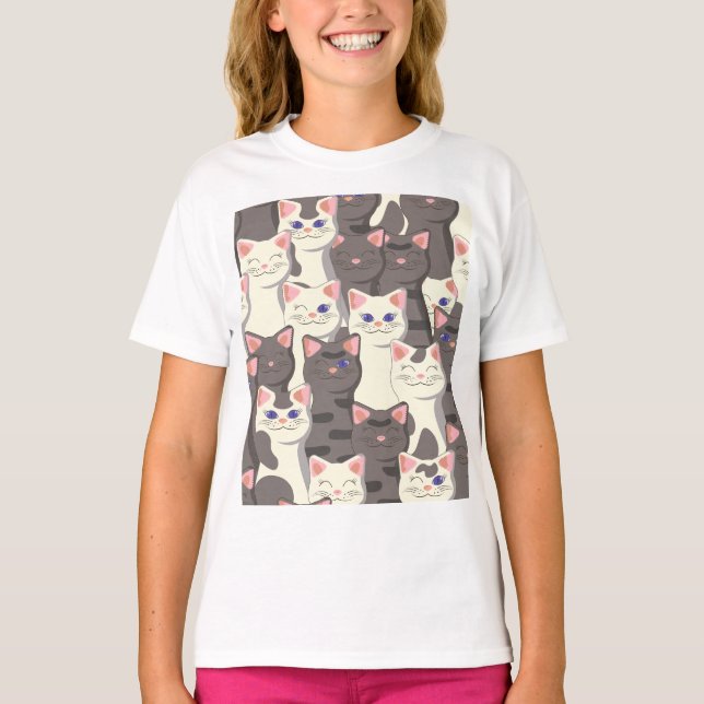 T-shirt Motif de chats blancs et gris (Devant)