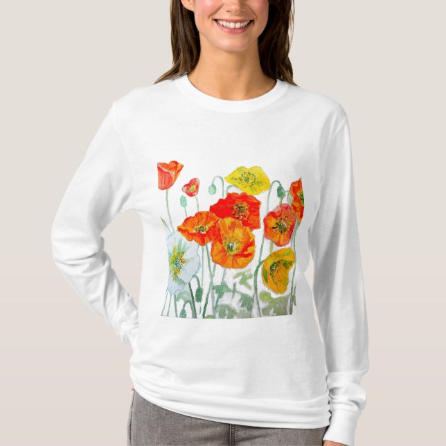 T-shirt Motif de fleur de pavot rouge orange aquarelle (Devant)