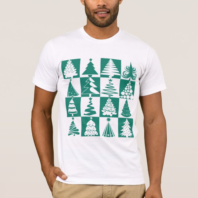 T-shirt Motif De Vacances Arbre De Noël Vert Et Blanc (Devant)