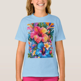 T-shirt Motif Floral d'Hibiscus Tropical Coloré Filles T-