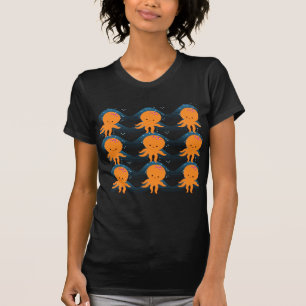 T-shirt Motif Octopus Orange Et Vagues Bleues