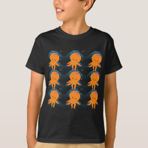 T-shirt Motif Octopus Orange Et Vagues Bleues