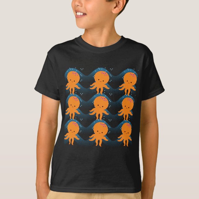 T-shirt Motif Octopus Orange Et Vagues Bleues (Devant)