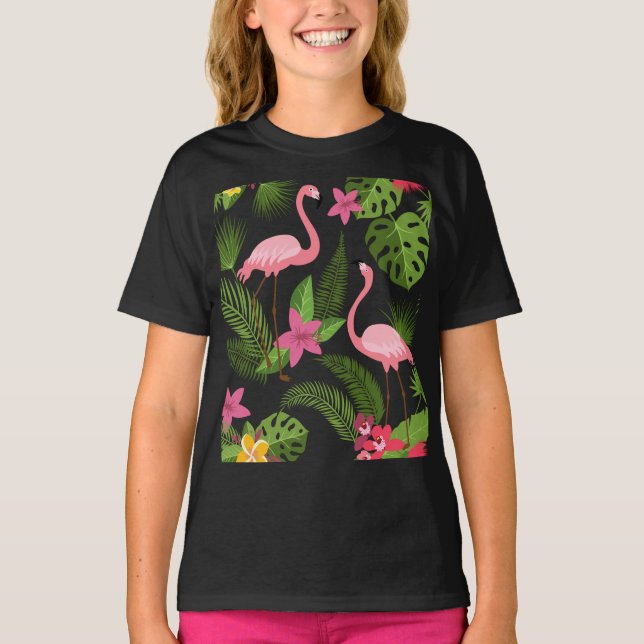 T-Shirt motif Paon rose avec Fleur (Devant)